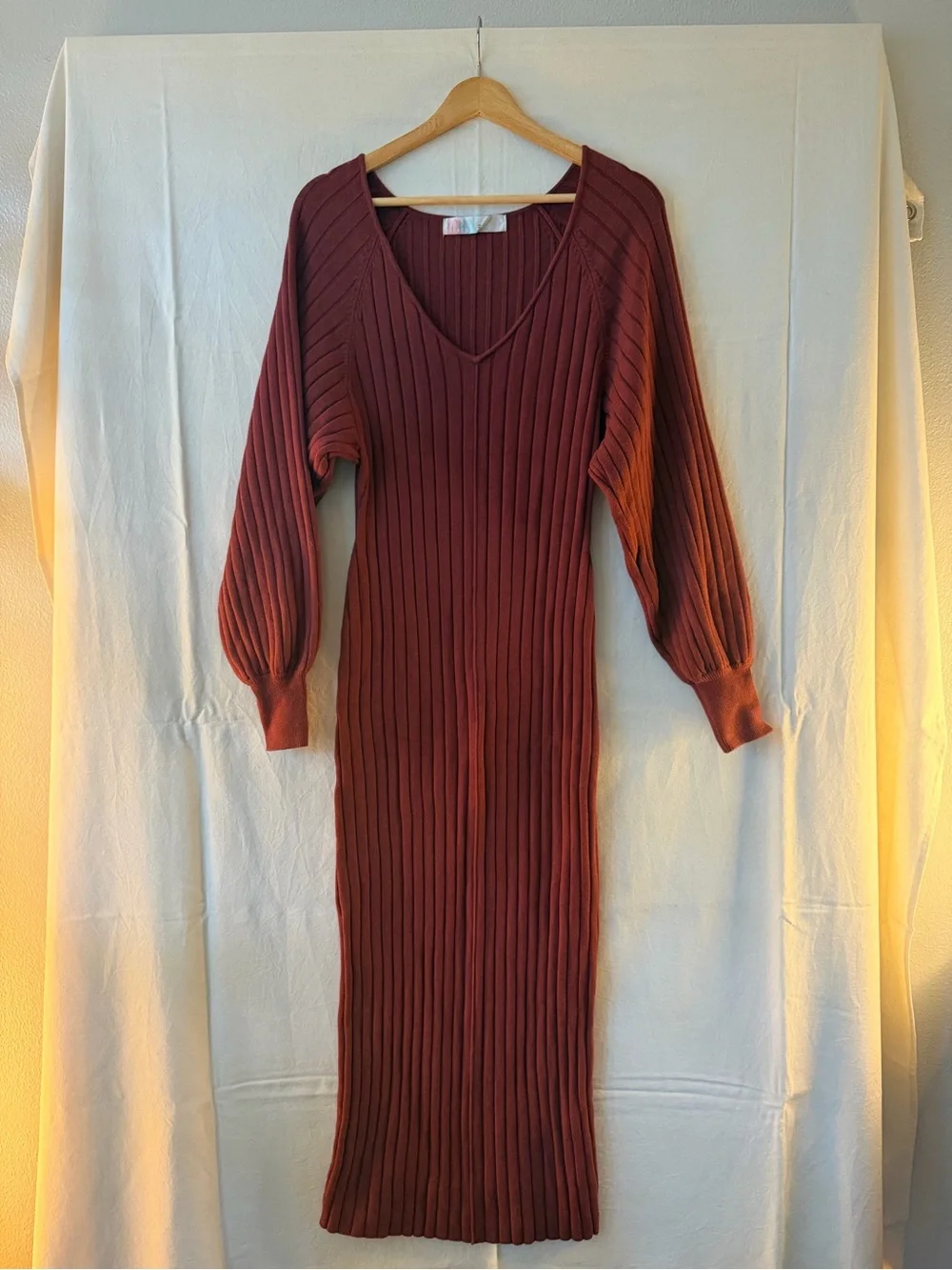 Free People Ribbed V-Neck Long Sleeve Dress in Rust